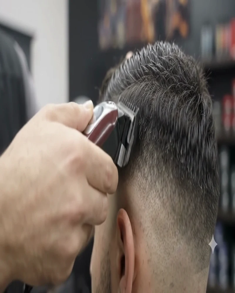 Close-up of a blend being finished at the back of the head