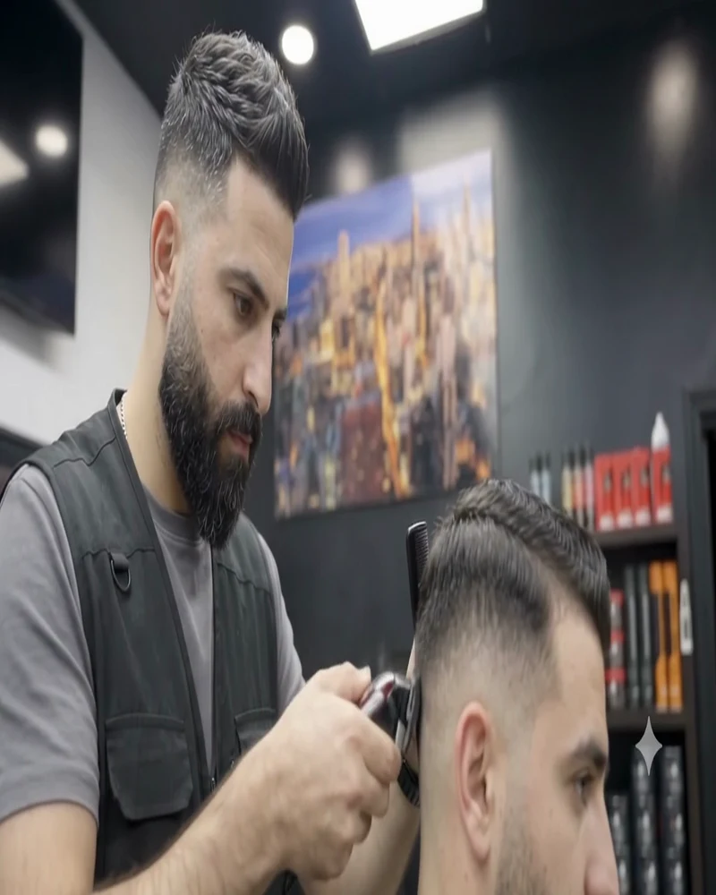Barber working clippers over a client's head